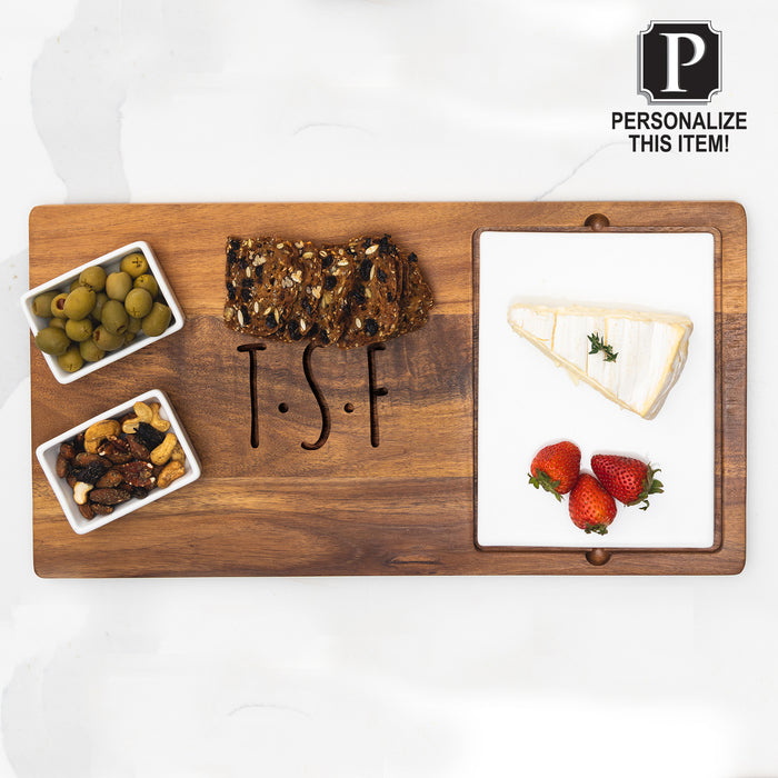 The Maple Acacia Fête Set Tray (18 x 9.5), personalized, displays ceramic snack dishes with olives, mixed nuts, multigrain bread, brie cheese, and strawberries. A "Personalize This Item!" label appears at the top right.