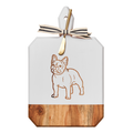 The Maple Acacia Heirloom Board Rectangle in white features a French Bulldog design, gold spreader, and ribbon. Size: 16 x 10".