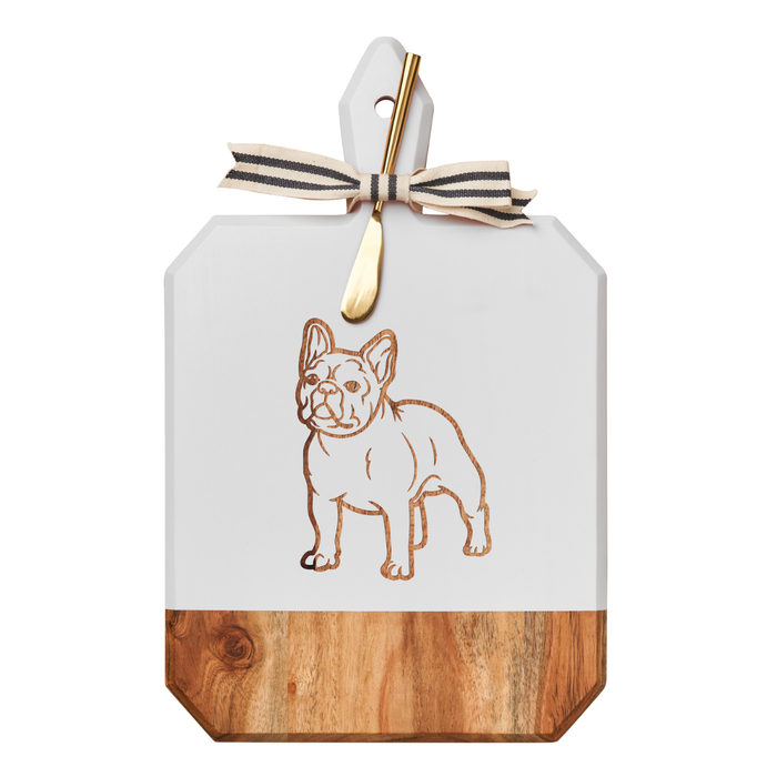 The Maple Acacia Heirloom Board Rectangle in white features a French Bulldog design, gold spreader, and ribbon. Size: 16 x 10".