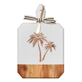 The Maple Acacia Heirloom Board Rectangle in white (16 x 10") features engraved palm trees, a striped ribbon, and a gold spreader—an elegant serving board for entertaining.