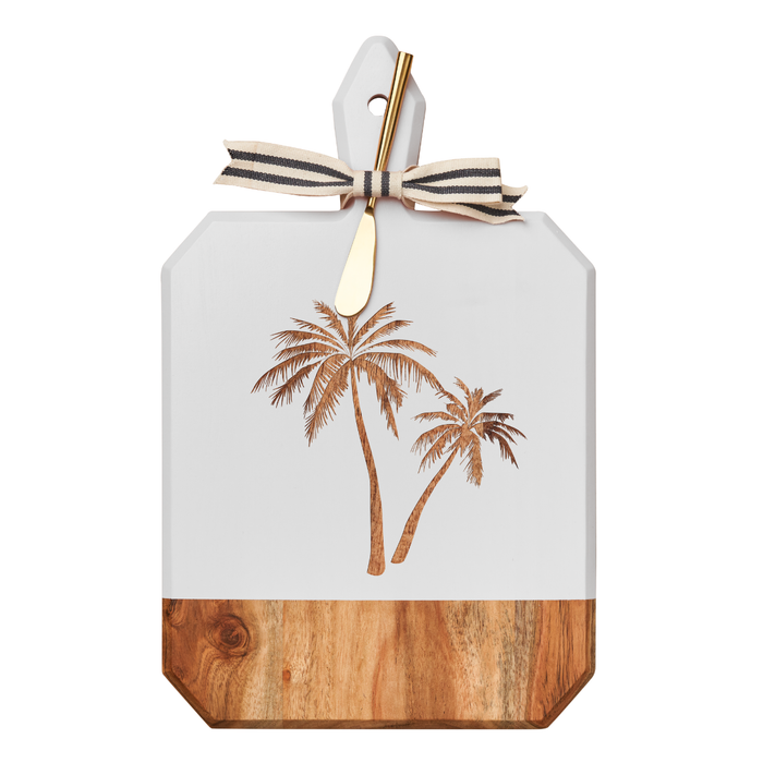 The Maple Acacia Heirloom Board Rectangle in white (16 x 10") features engraved palm trees, a striped ribbon, and a gold spreader—an elegant serving board for entertaining.