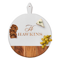 The Maple Acacia Heirloom Board, Round in white (20x16", personalized), is perfect for gatherings—display crackers, cheese, and grapes on this elegant monogrammed charcuterie piece.