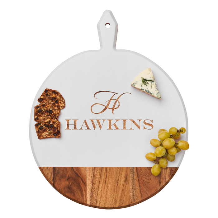 The Maple Acacia Heirloom Board, Round in white (20x16", personalized), is perfect for gatherings—display crackers, cheese, and grapes on this elegant monogrammed charcuterie piece.