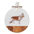 The Maple Acacia Heirloom Board Round in white (20 x 16") features a German Shepherd design, gold spreader, ribbon bow, and natural acacia wood—perfect for adding charm to any gathering.