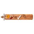 The Maple Acacia Heirloom Board Skinny (34x6") with gold spreader and "Meat & Cheese" label is perfect for charcuterie—serve cheddar, brie, fruits, nuts, bread, and more in style.