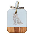 The Maple Acacia Heirloom Board w/ Handle Rectangle in Light Blue (16 x 10") features a golden retriever line drawing and comes with a small gold cheese knife tied on top, combining style and function for your charcuterie needs.