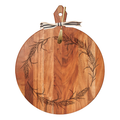 The Maple Acacia Heirloom Board (20x16") is a round wheat charcuterie board with handle, gold spreader, and striped ribbon—perfect for serving or personalizing with a monogram for a unique touch.