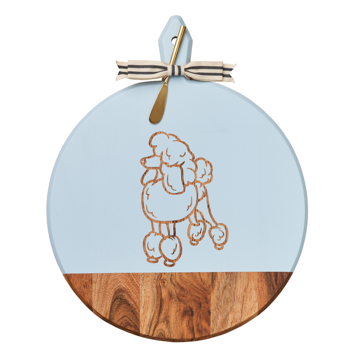 Serve charcuterie in style with the Maple Acacia Heirloom Board with Handle (20 x 16"), featuring an engraved poodle, gold spreader, and gray & white ribbon—a round Acacia wood board perfect for elegant entertaining.