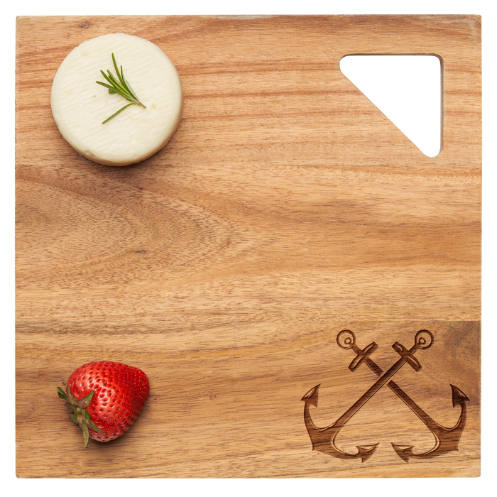 Serve charcuterie on the Maple Acacia Modern Geo Square | Double Anchor | 12 x 12" board, featuring two engraved crossed anchors and a triangular cut-out in the top right corner.