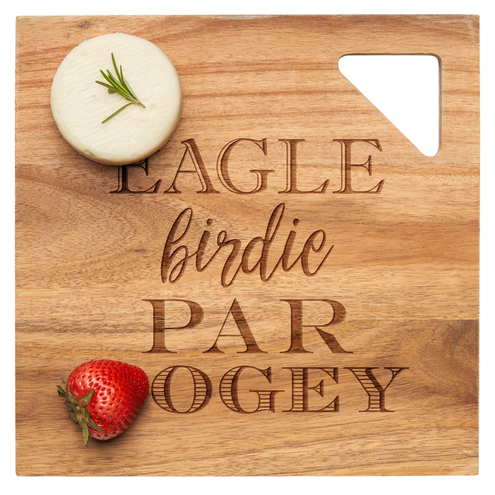 The Maple Acacia Modern Geo Square | Eagle Birdie | 12 x 12" serving board is engraved with golf terms and features a triangular cutout—perfect for charcuterie, cheese, and fruit.