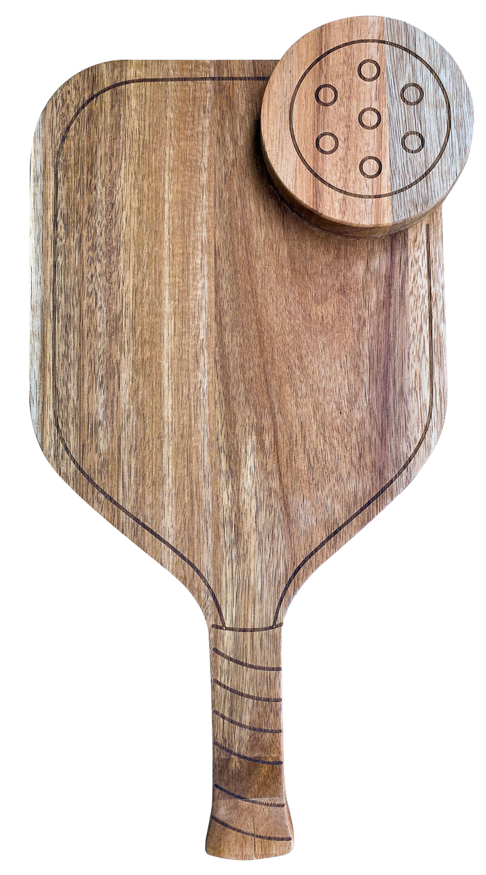 The Maple Acacia Pickleball Board | 16 x 9 features an ergonomic handle and a round engraved wooden pickleball detail—an ideal, paddle-shaped charcuterie board for pickleball fans.
