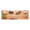 The Maple Acacia Serving Board (30 x 10") features “Gather with friends and family” inscribed in the corner, displayed with cheese wedges, red and green grapes, crackers, and sliced salami.