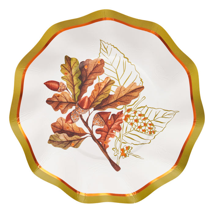 Elevate your fall table with Sophistiplate’s Acorn and Oak Appetizer/Dessert Bowls (8pk), featuring a sophisticated autumn-inspired design with oak leaves, acorns, and branches in elegant brown, green, and gold hues. These disposable scalloped bowls from the Acorn and Oak Collection offer a touch of gold on the wavy rim, making them perfect for coordinating with your seasonal Thanksgiving place settings or adding festive flair to any autumn gathering.