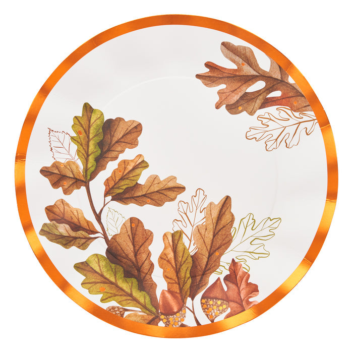 The Sophistiplate Acorn and Oak Dinner Plate (8pk) features a round design with an orange rim and autumn oak leaves with acorns in brown, green, and gold on white—ideal as disposable Thanksgiving tableware.