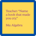 The Algebra Coaster by Drinks On Me features a yellow square with a blue border and purple "Algebra" text, making it a funny housewarming gift or quirky bar cart accessory for math lovers.