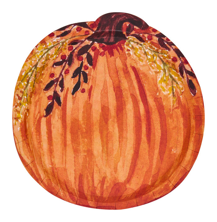 Bright and festive, the Amber Harvest Pumpkin Salad Plate/8pk by Sophistiplate beautifully showcases a round orange watercolor pumpkin adorned with painted leaves and berries draped over the top, all set against a crisp white background. These disposable plates are perfect for enhancing your seasonal table.