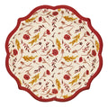 Sophistiplate’s Amber Harvest Salad Plates (8pk) feature a scalloped edge with a red border and a charming floral pattern of red and yellow flowers with brown stems and leaves on a cream background—making these elegant disposable plates the perfect addition to your Thanksgiving table.