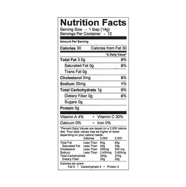 Bella Cucina Antipasti Gift Box Nutrition Facts (1 tbsp): 30 cal, 3.5g fat, 35mg sodium, 1g carbs, 0g sugar/protein. Includes vitamins/minerals. 12 servings/container—perfect for condiments, charcuterie, or cheese boards.