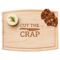 The Maple Arched Artisan Maple Board | Cut the Crap | 12 x 9" features an engraved knife illustration and holds a round of cheese with rosemary and slices of fruit and nut bread.