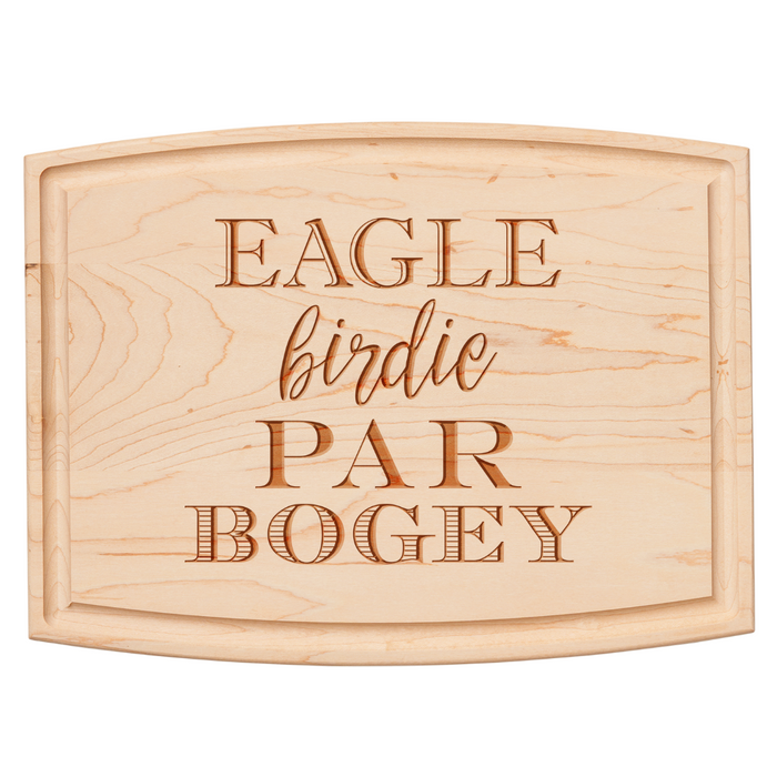 The Maple Arched Artisan Maple Board (12 x 9") features carved Eagle, Birdie, PAR, and BOGEY text in various fonts, crafted from premium hard rock maple cutting board material.