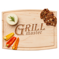 The Maple Arched Artisan Maple Board | Grill Master | 12 x 9" holds a round cheese with rosemary, three crispbreads, and sliced red and yellow bell peppers.