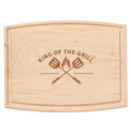The Maple Arched Artisan Maple Board | King of the Grill | 12 x 9" features KING OF THE GRILL above crossed spatulas and a flame—ideal as a unique charcuterie board for your next gathering.