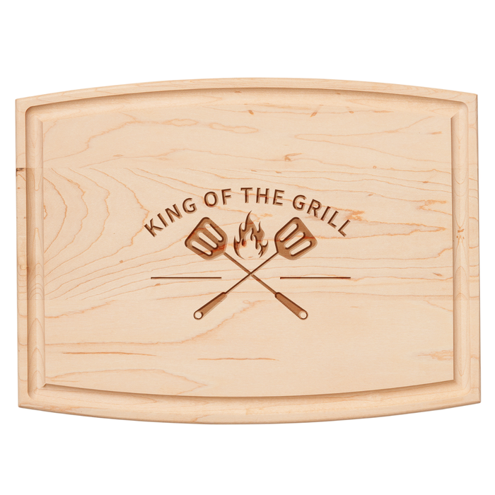 The Maple Arched Artisan Maple Board | King of the Grill | 12 x 9" features KING OF THE GRILL above crossed spatulas and a flame—ideal as a unique charcuterie board for your next gathering.