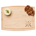 A round cheese wheel with rosemary and three fruit & nut crisps on Maple’s 12x9" Arched Artisan Maple Board, engraved with LAKE and crossed paddles in the lower right corner.