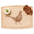 The Maple Arched Artisan Maple Board | Pheasant | 12 x 9" features a pheasant engraving, with a round of cheese topped with rosemary on the left and three fruit and nut crisps on the top right.