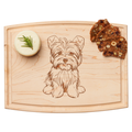 The Maple Arched Artisan Maple Board (12 x 9") features a Yorkshire Terrier engraving, with space for cheese and bread—ideal as a charming serving board.