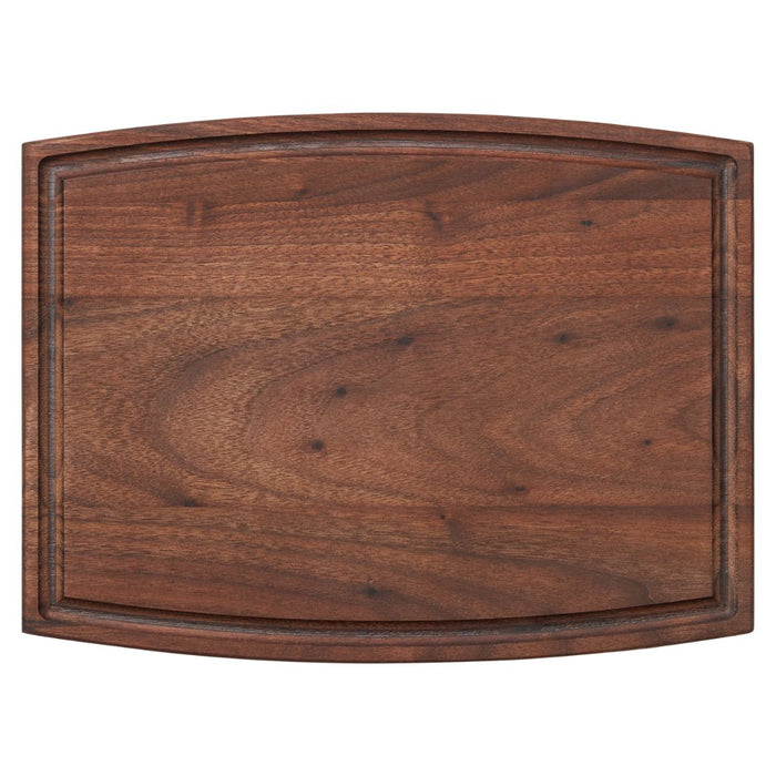 The Maple Arched Artisan Walnut Board (12 x 9", Blank No Engraving) features a dark brown finish and edge groove—ideal for use as an elegant cheese or charcuterie board, shown from above on a white background.