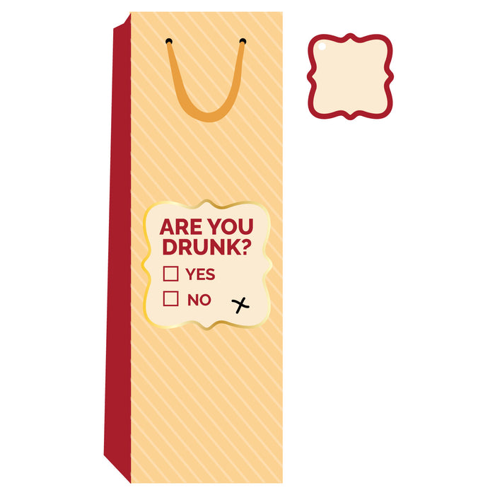 The Are You Drunk- Wine Bag by Drinks On Me is a reusable, humorous wine bag with yellow diagonal stripes and a handle, featuring checkboxes for "YES" and "NO"—plus an X outside both—for a quirky hostess gift.