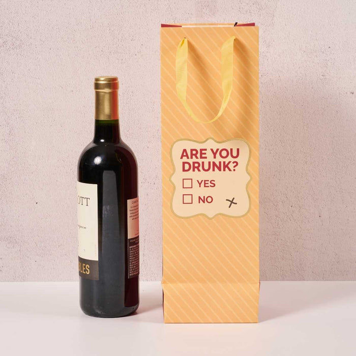 A wine bottle sits beside the Drinks On Me “Are You Drunk- Wine Bag”—a yellow striped, reusable gift bag with handles and a humorous “ARE YOU DRUNK?” checkbox design, perfect for a hostess gift.