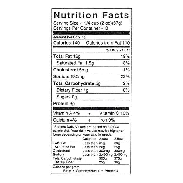 Bella Cucina’s Artichoke Lemon Pesto nutrition label shows a serving size of 1/4 cup (57g) with 140 calories, 12g fat, 530mg sodium, and 5g carbs.