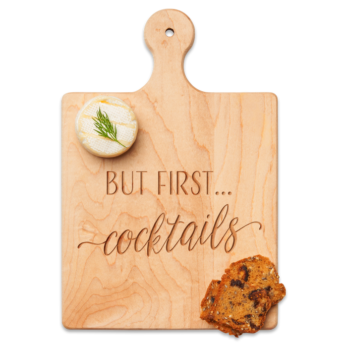 The Maple Artisan Maple Paddle Board | But First Cocktails | 9" x 6" makes a charming cheese board, perfect for serving round dill cheese and crisp bread.