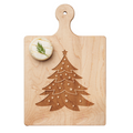 The Maple Artisan Maple Paddle Board | Christmas Tree | 9 x 6" features an etched Christmas tree, with a round soft cheese and a sprig of dill on the top left.