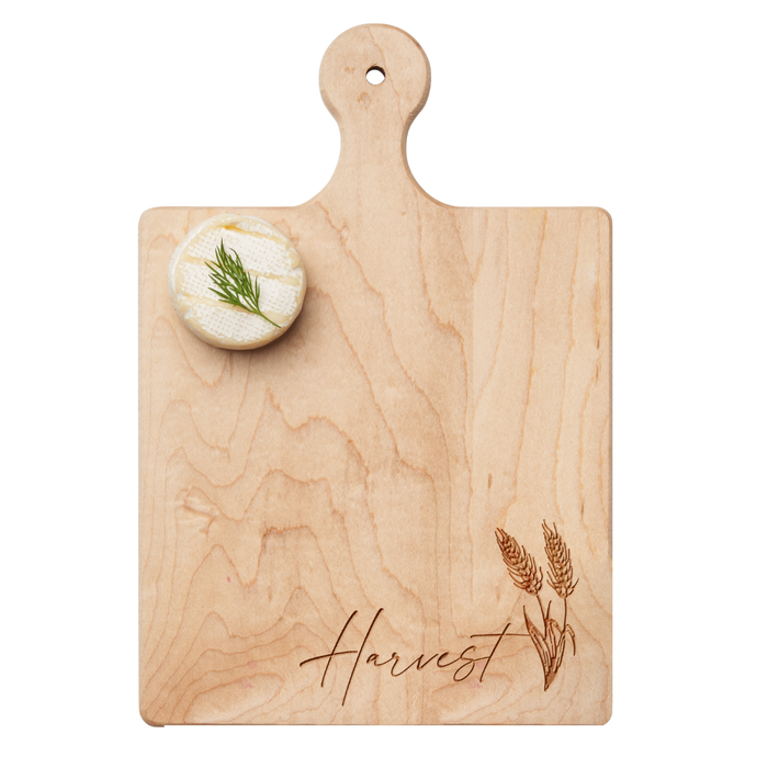 The Artisan Maple Paddle Board | Harvest Wheat | 9" x 6" by Maple features wheat engraving and "Harvest," making it a perfect centerpiece for your charcuterie board.