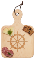 The Maple Artisan Maple Paddle Board | Helm | 12 x 8" is ideal as a charming charcuterie board, featuring a ship wheel design and perfect for serving cheese, cured meat, and bread.