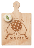 The Maple Artisan Maple Paddle Board | The Greatest Dinker | 9" x 6" features engraved paddles, a ball, and THE GREATEST DINKER—perfect as a unique cheese or charcuterie board centerpiece for serving cheese rounds with dill.