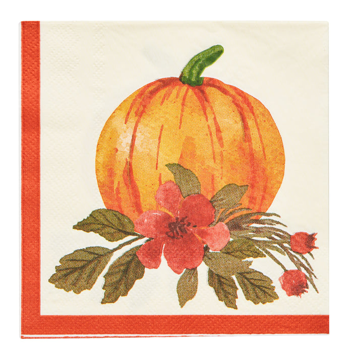 The Autumn Foliage Paper Cocktail Napkin by Sophistiplate features a vibrant orange pumpkin, red flowers, and leafy accents with a red border—ideal for autumn tablescapes or as festive cocktail napkins. Pack includes 20.