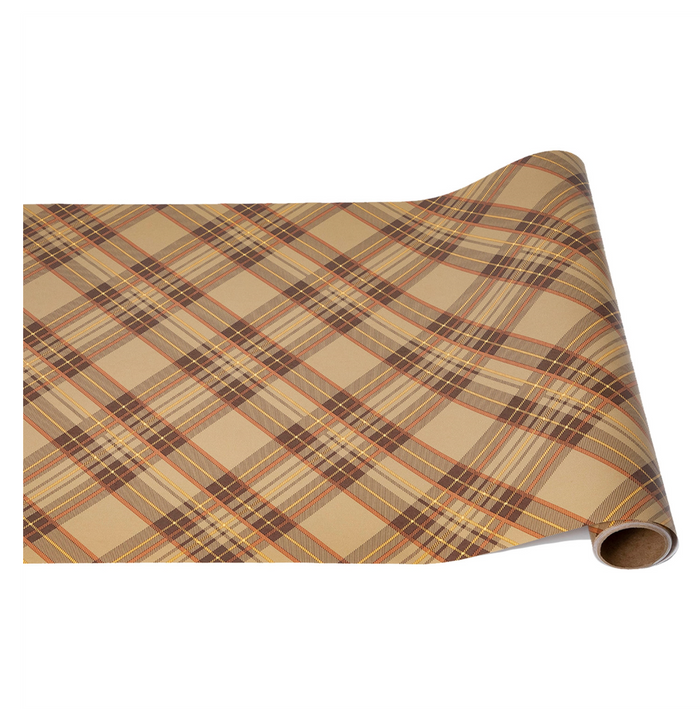 The Hester & Cook Autumn Plaid Runner (20x25") features a brown, yellow, and orange plaid—ideal for creative gift wrapping or as a festive paper table runner.