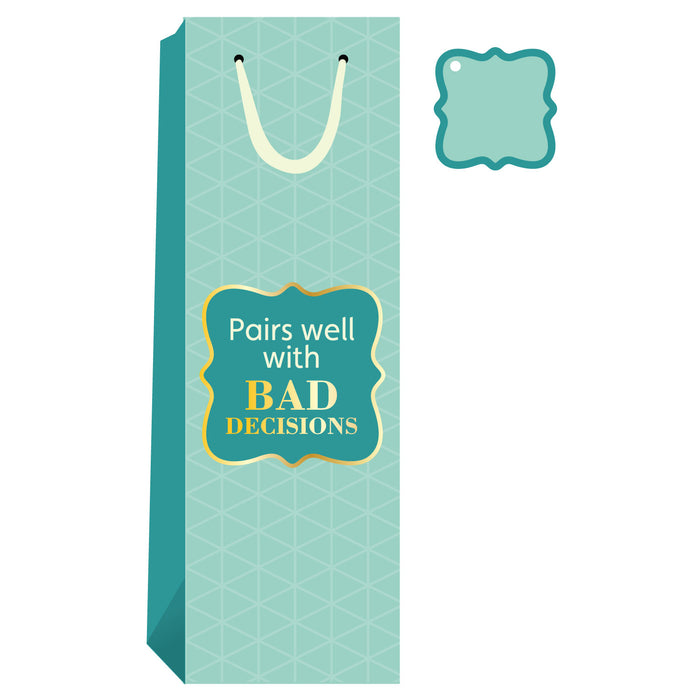 The Drinks On Me Bad Decisions Wine Bag is a light blue reusable bag with cream handles and “Pairs well with bad decisions” in white and yellow. Includes a matching blank gift tag—great for gifting or as a funny hostess gift.