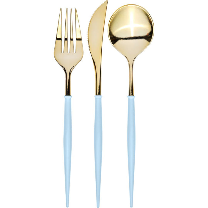 The Sophistiplate Bella Cutlery set features gold-toned fork, knife, and spoon with sky blue handles, arranged vertically side by side on a white background. Sold as a 24-piece package.