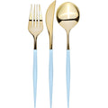 The Sophistiplate Bella Cutlery set features gold-toned fork, knife, and spoon with sky blue handles, arranged vertically side by side on a white background. Sold as a 24-piece package.