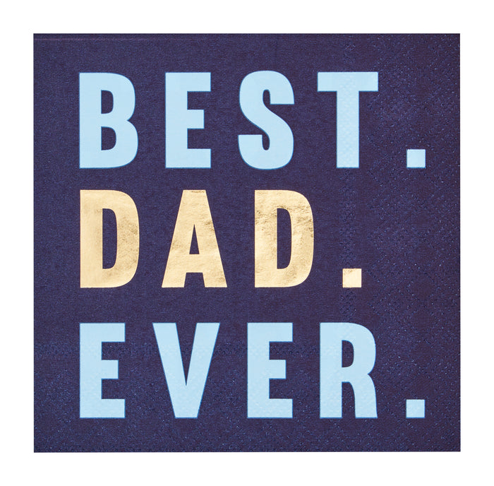 Featuring a dark blue background and large “BEST. DAD. EVER.” text—“DAD.” in shiny gold, others in light blue—Sugarplum’s Best Dad Ever Cocktail Napkins (26pk) are perfect for Father’s Day celebrations.