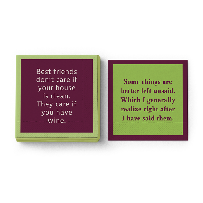 The Best Friend Napkin set by Drinks On Me features two square napkins: one says, "Best friends don’t care if your house is clean..." and the other, "Some things are better left unsaid...". Fun bar cart accessories!.