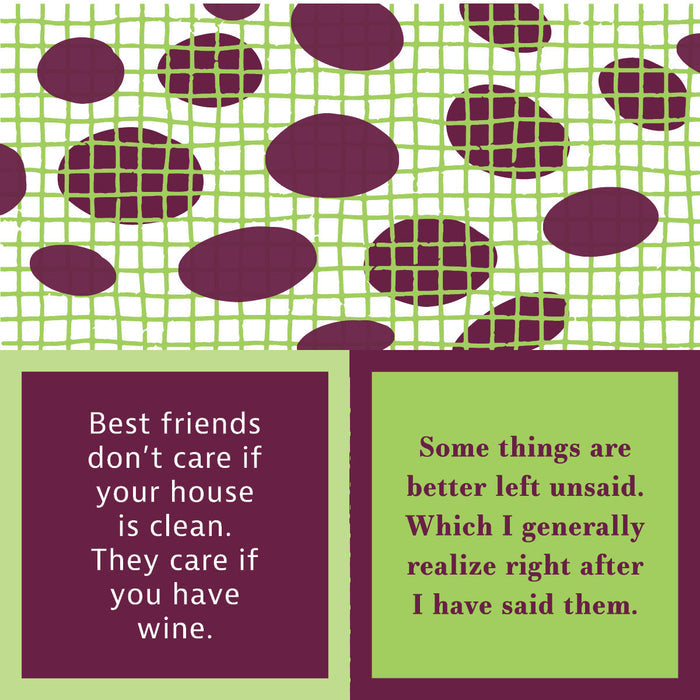 The image shows a green grid with large purple dots at the top. Below, two "Best friend Napkin" boxes by Drinks On Me display witty quotes—funny cocktail or wine napkins and must-have bar cart accessories for any gathering.