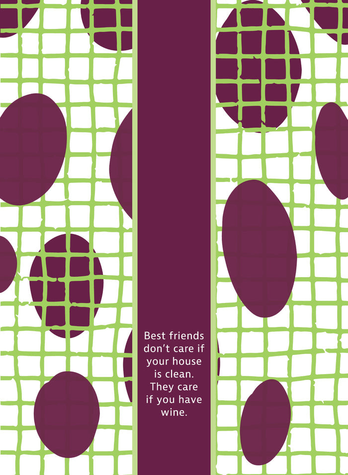 The Best Friends Dish Towel by Drinks On Me features a maroon oval and green grid design with a humorous quote: "Best friends don’t care if your house is clean. They care if you have wine." A fun gift or kitchen accent!.