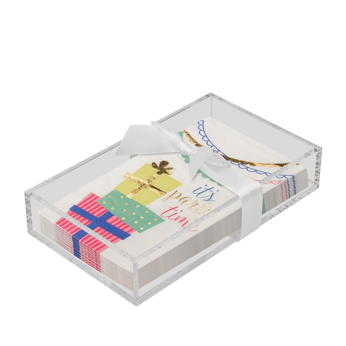 The Sophistiplate Birthday Guest Towel with Napkin Tray (Ceramic + Acrylic) displays festive party-themed guest towel napkins featuring gift and dessert designs, elegantly tied with a white ribbon.