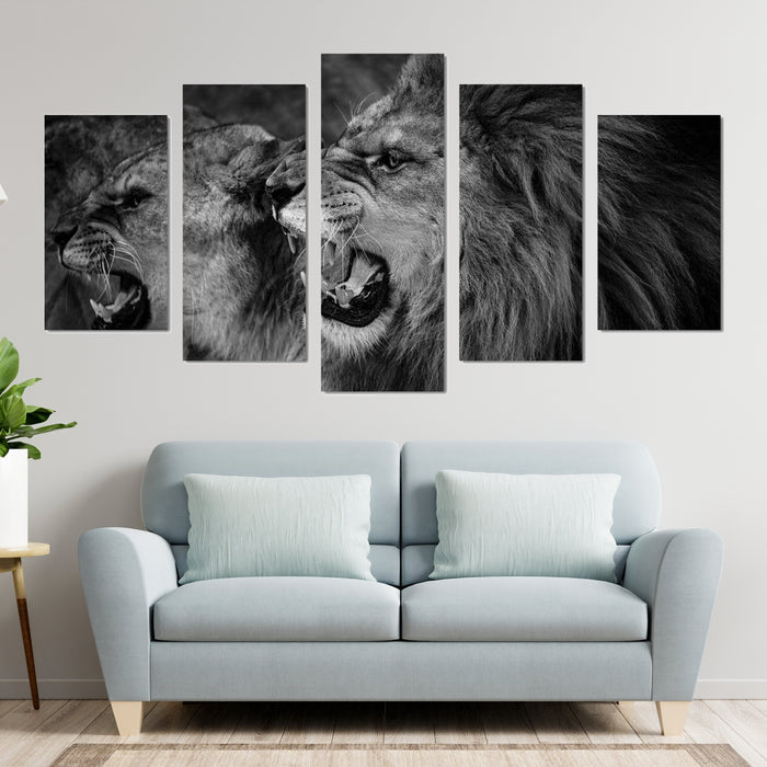 Black-White Roaring Couple Lion Wall Art Frame Canvas Printing Decor